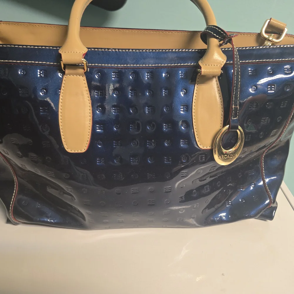 Patent Leather Tote Bag in Navy with Tan Accents